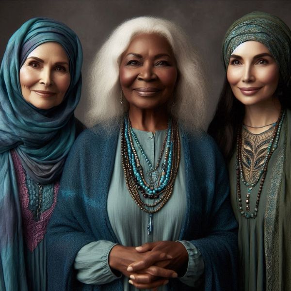 three elderly wise women smile