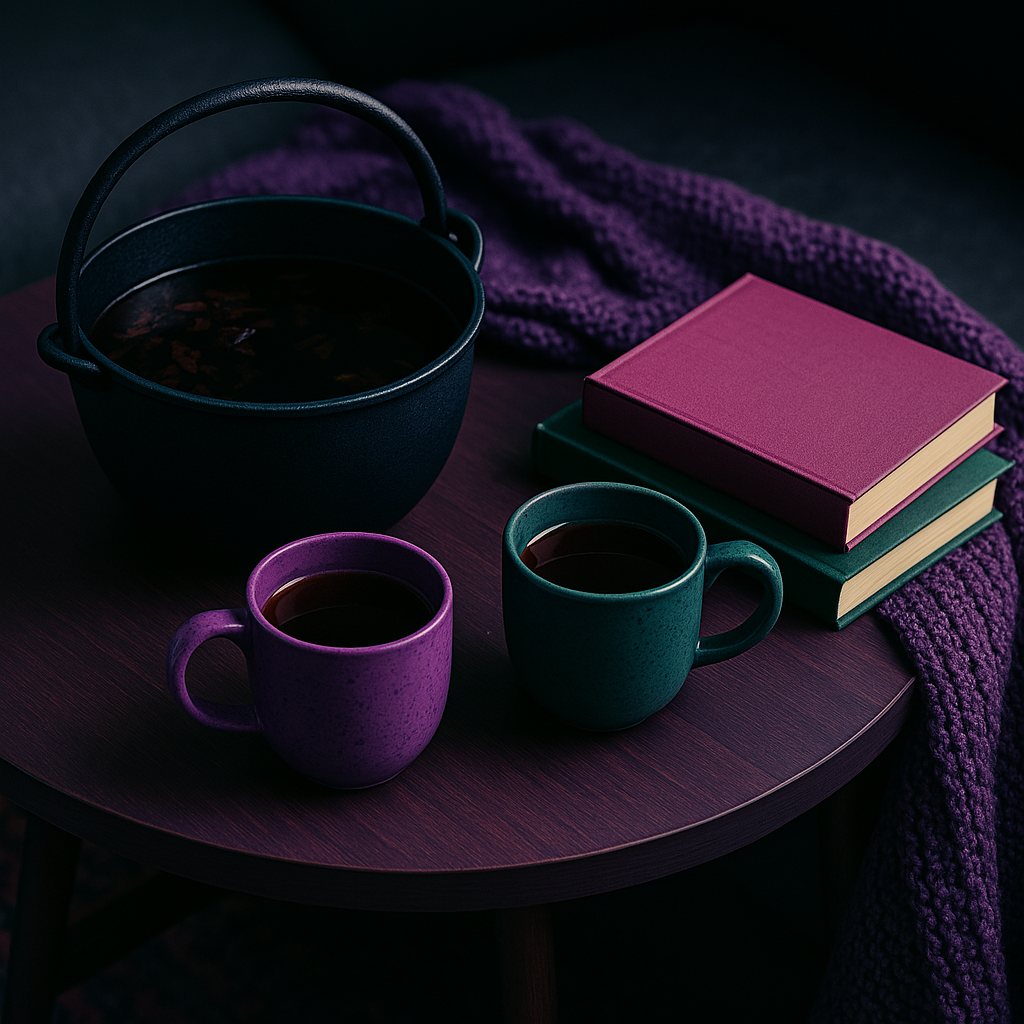 two books stacked on a cozy coffee table near an earthy teal vat of freshly brewed tea