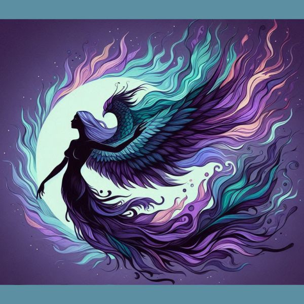 a transformed woman rises from a blue-violet flame like a phoenix