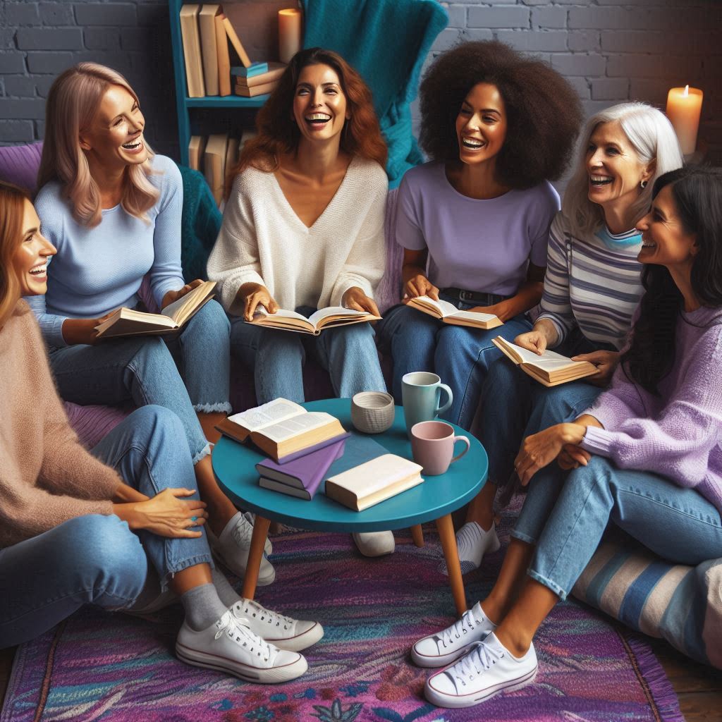 Women dance in a circle under a starlit sky. Some of them have a book in their outstretched hand.